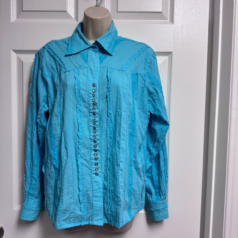 Scully Western Blouse Size L Blue Turquoise Lace Stripe Ruffled Long Sleeve - Picture 2 of 13